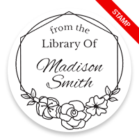 Tailor-made 2" round book stamp. Flowering border design. 6 mount options available. Wood, self-inking and pre-inking. Fast shipping.