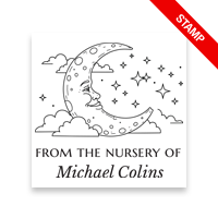 Tailor-made 1-5/8" square book stamp. Night sky design. 7 mount options available. Wood, self-inking and pre-inking. Fast shipping.