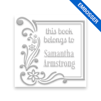 Made-to-order 1-5/8" square book embosser. Floral corner frame design. 3 mount options available. Desk, gift and pocket. Fast shipping.