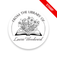 Personalized 1-5/8" round book stamp. Blooming flower book design. 6 mount options available. Wood, self-inking and pre-inking. Fast shipping.