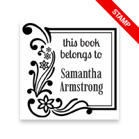 Made-to-order 1-5/8" square book stamp. Floral corner frame design. 7 mount options available. Wood, self-inking and pre-inking. Fast shipping.