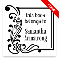 Personalize this 2" square book stamp. Floral corner frame design. 3 mount options available. Wood hand stamp and pre-inking. Fast shipping.