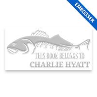 Made-to-order 1" x 2" rectangle book embosser. Bass fish design. 3 mount options available. Desk, gift and pocket. Fast shipping.