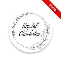 Customizable 1-5/8" round book stamp. Line and leaf border design. 6 mount options available. Wood, self-inking and pre-inking. Fast shipping.