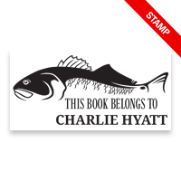 Nice catch! Bass fish library stamp design. Personalize this 1-1/2" x 3" stamp in 4 mount options: wood, self-inking and pre-inking. Fast shipping.