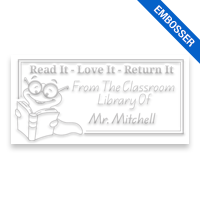 Customize this 1" x 2" rectangle book embosser. Bookworm double border design. 3 mount options available. Desk, gift and pocket. Fast shipping.