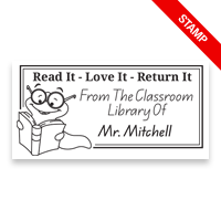 Customize this 1" x 2" rectangle book stamp. Bookworm double border design. 5 mount options in: wood, self-inking, pocket & pre-inking. Fast shipping.