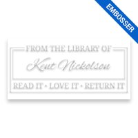 Customizable 1" x 2" rectangle book embosser. Double rectangle border design. 3 mount options available. Desk, gift and pocket. Fast shipping.
