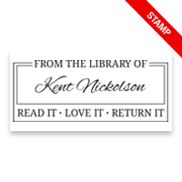 Customizable 1" x 2" library stamp. Double rectangle border design. 5 mount options available. Wood, self-inking, pocket & pre-inking. Fast shipping.