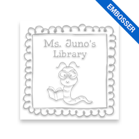 Customize this 1-5/8" square book embosser. Doodle bookworm design. 3 mount options available. Desk, gift and pocket. Fast shipping.