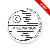 Tailor-made 1-5/8" round book stamp. Death star galaxy design. 6 mount options available. Wood, self-inking and pre-inking. Fast shipping.