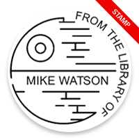 Customize this 2" round book stamp. Death star galaxy design. 6 mount options available. Wood, self-inking and pre-inking. Fast shipping.