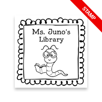 Customize this 1-5/8" square book stamp. Doodle bookworm design. 7 mount options available. Wood, self-inking and pre-inking. Fast shipping.