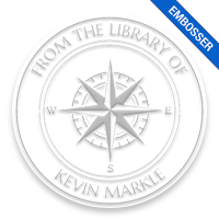 Customizable 2" round book embosser. Compass points design. 4 mount options available. Desk, gift, pocket and EX long reach. Fast shipping.