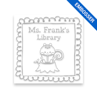 Tailor-made 1-5/8" square book embosser. Doodle squirrel reading design. 3 mount options available. Desk, gift and pocket. Fast shipping.