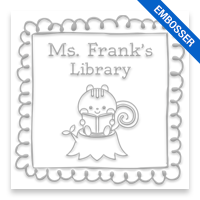 Customizable 2" square book embosser. Doodle squirrel reading design. Available on the EH desk long reach. Fast shipping.