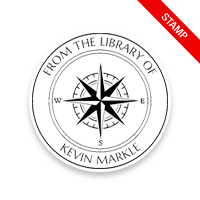 Personalize this 1-5/8" round book stamp. Compass points design. 6 mount options available. Wood, self-inking and pre-inking. Fast shipping.