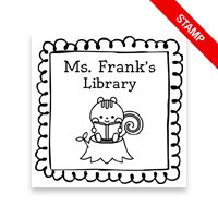 Tailor-made 1-5/8" square book stamp. Doodle squirrel reading design. 7 mount options available. Wood, self-inking and pre-inking. Fast shipping.