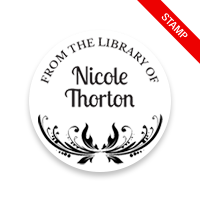 Personalized 1-5/8" round book stamp. Decorative open border design. 6 mount options available. Wood, self-inking and pre-inking. Fast shipping.
