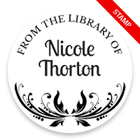 Custom-made 2" round book stamp. Decorative open border design. 6 mount options available. Wood, self-inking and pre-inking. Fast shipping.