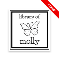 Custom-made 1-5/8" square book stamp. Double border with butterfly design. 7 mount options available. Wood, self-inking and pre-inking. Fast shipping.