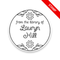 Customizable 1-5/8"" round book stamp. Leaves w/ flowers design. 6 mount options available. Wood, self-inking and pre-inking. Fast shipping.