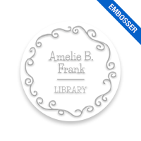 Tailor-made 1-5/8" round book embosser. Fancy curls border design. 3 different mount options available. Desk, gift and pocket. Fast shipping.