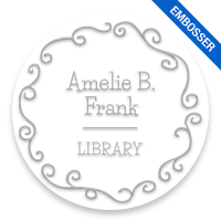 Personalize this 2" round book embosser. Fancy curls border design. 4 mount options available. Desk, gift, pocket and EX long reach. Fast shipping.