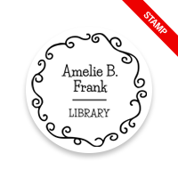 Tailor-made 1-5/8"" round book stamp. Fancy curls border design. 6 mount options available. Wood, self-inking and pre-inking. Fast shipping.