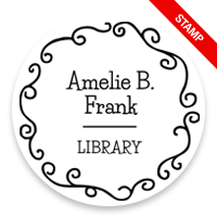 Personalize this 2" round book stamp. Fancy curls border design. 6 mount options available. Wood, self-inking and pre-inking. Fast shipping.