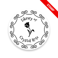 Custom-made 1-5/8" round book stamp. Scroll border w/ flower design. 6 mount options available. Wood, self-inking and pre-inking. Fast shipping.