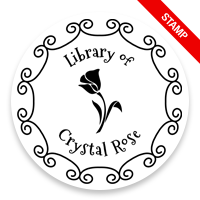 Personalize this 2" round book stamp. Scroll border w/ flower design. 6 mount options available. Wood, self-inking and pre-inking. Fast shipping.