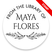 Personalized 2" round book stamp. Laurel leaves design. 6 mount options available. Wood, self-inking and pre-inking. Fast shipping.