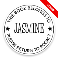 Personalized 2" round book stamp. Single line border w/ stars design. 6 mount options available. Wood, self-inking and pre-inking. Fast shipping.