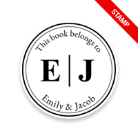 Tailor-made 1-5/8" round book stamp. Dbl line w/ initial border design. 6 mount options available. Wood, self-inking and pre-inking. Fast shipping.