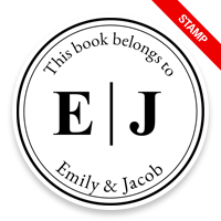 Personalized 2" round book stamp. Dbl line w/ initial border design. 6 mount options available. Wood, self-inking and pre-inking. Fast shipping.