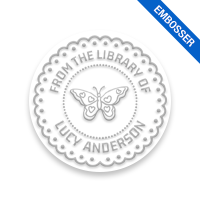 Custom-made 1-5/8" round book embosser. Butterfly doily design. 3 mount options available. Desk, gift and pocket. Fast shipping.