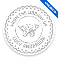 Personalize this 2" round book embosser. Butterfly doily design. 4 mount options available. Desk, gift, pocket and EX long reach. Fast shipping.