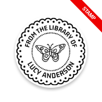Custom-made 1-5/8" round book stamp. Butterfly doily design. 6 mount options available. Wood, self-inking and pre-inking. Fast shipping.