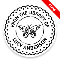 Personalize this 2" round book stamp. Butterfly doily design. 6 mount options available. Wood, self-inking and pre-inking. Fast shipping.