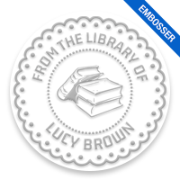 Personalized 2" round book embosser. Lace border w/ books design. 4 mount options available. Desk, gift, pocket and EX long reach. Fast shipping.