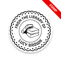 Made-to-order 1-5/8" round book stamp. Lace border w/ books design. 6 mount options available. Wood, self-inking and pre-inking. Fast shipping.