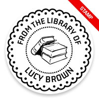 Personalized 2" round book stamp. Lace border w/ books design. 6 mount options available. Wood, self-inking and pre-inking. Fast shipping.