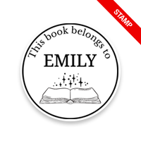 Personalize this 1-5/8" round book stamp. Sparkle open book design. 6 mount options available. Wood, self-inking and pre-inking. Fast shipping.