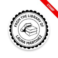 Made-to-order 1-5/8" round book stamp. Scallop border w/ books design. 6 mount options available. Wood, self-inking and pre-inking. Fast shipping.