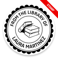 Customize this 2" round book stamp. Scallop border w/ books design. 6 mount options available. Wood, self-inking and pre-inking. Fast shipping.