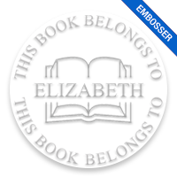 Personalize this 2" round book embosser. Name through open book design. 4 mount options available. Desk, gift, pocket & EX long reach. Fast shipping.
