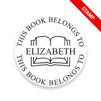 Custom-made 1-5/8" round book stamp. Name through open book design. 6 mount options available. Wood, self-inking and pre-inking. Fast shipping.