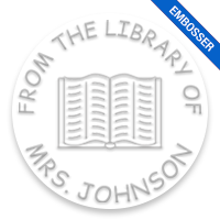 Personalized 2" round book embosser. Open book no border design. 4 mount options available. Desk, gift, pocket and EX long reach. Fast shipping.