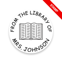 Made-to-order 1-5/8" round book stamp. Open book no border design. 6 mount options available. Wood, self-inking and pre-inking. Fast shipping.